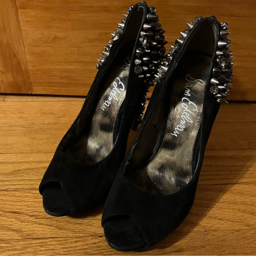 Sam Edelman Lorissa Black Peep-Toe Pumps Heels with Silver Spike and Gem Detail
